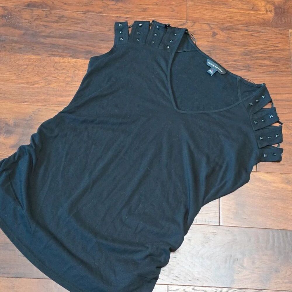 Rock & Republic featuring edgy studded cut out shoulders v neck black shirt